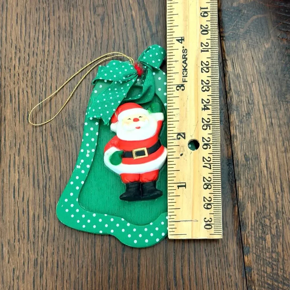 Vintage Christmas Ornaments –Raised Santa & Frosty on Green Polka Dot Background